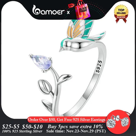 Bamoer Fashion 925 Sterling Silver Kingfisher Open Ring for Women Eternity Band Lively Bird Ring Gift Fine Jewelry Party BSR286