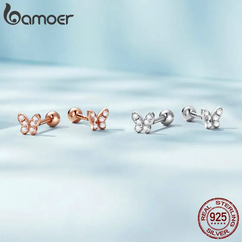 Bamoer 925 Sterling Silver Brilliant Star Earrings for Women Tiny Butterfly Stud Earrings Snowflake Girl Ear Studs Fine Jewelry