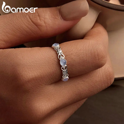 BAMOER 925 Sterling Silver Blue Round Stone Finger Ring Vine Pattern Ring for Women Elegant Jewelry Gift BSR507