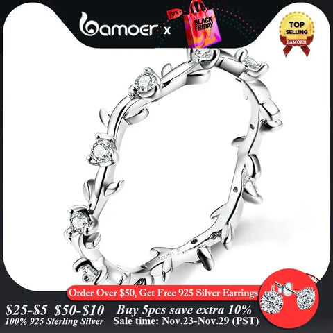 bamoer Stackable Finger Rings for Women 925 Sterling Silver Flower Branch Vine Ring CZ Statement Jewelry Female Bague SCR625