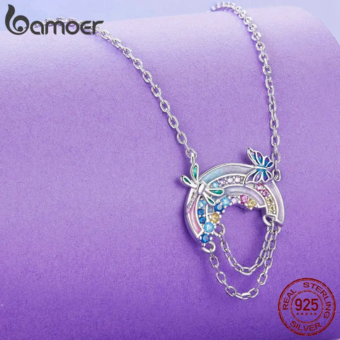 BAMOER Rainbow Necklaces for Women, 925 Sterling Silver Butterfly & Dragonfly Pendant Necklace Jewelry Gift for Women