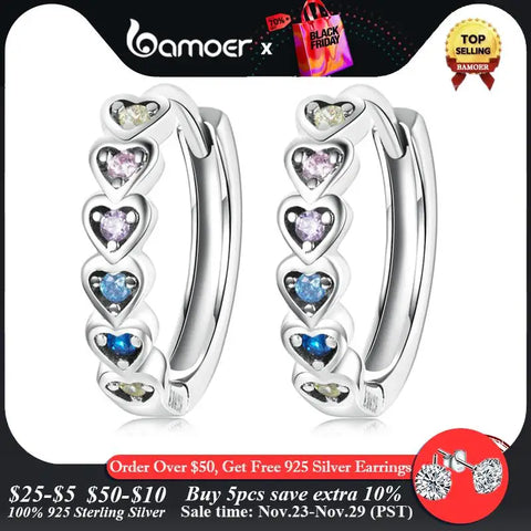 bamoer Heart-Shaped Earrings 925 Sterling Silver Stackable Rainbow Zircon Ear Buckles for Women & Girls Fine Jewelry DIY Gifts