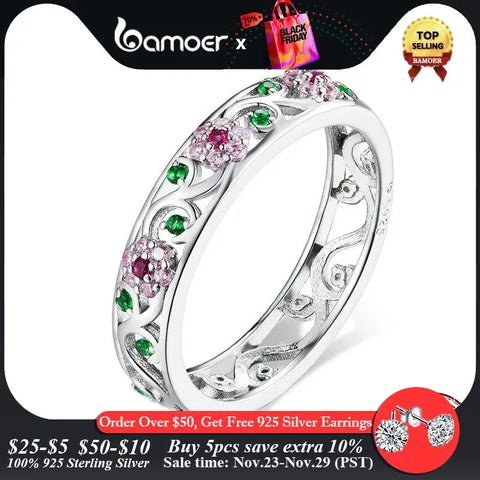 Bamoer Genuine 925 Sterling Silver Secret Garden Finger Ring for Women Wedding Band Engagement Statement Jewelry BSR132