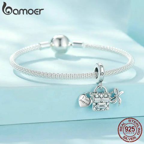 BAMOER 925 Sterling Silver I Love Shopping Charms Bag and Bowknot Beads Fit Original Bracelets Women DIY Jewelry Accessories
