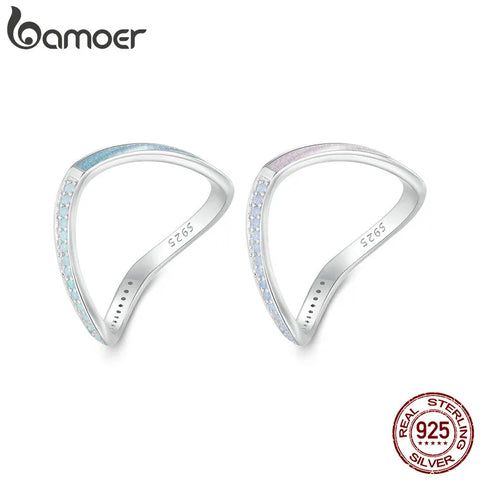 BAMOER Eternity Band V Shaped Double Chevron 925 Sterling Silver Ring, Stacking Engagement Ring for Women