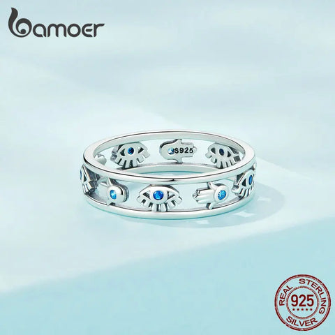 Bamoer 925 Sterling Silver Hollow-out Symbol Guardian Ring Fatima's Hand Devil Eye Finger Ring for Women Lucky Jewelry SCR900