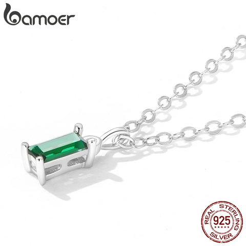 Bamoer 925 Sterling Silver Green Zircon Pendant Necklace for Women Fine Jewelry Plated Gold Link Chain Women Jewelry Gift 17.3''