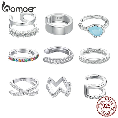 BAMOER 925 Sterling Silver Mono-earring Clip Earrings Sparkling Cubic Zirconia Round Huggie Ear Cuff White Gold Plated Earrings