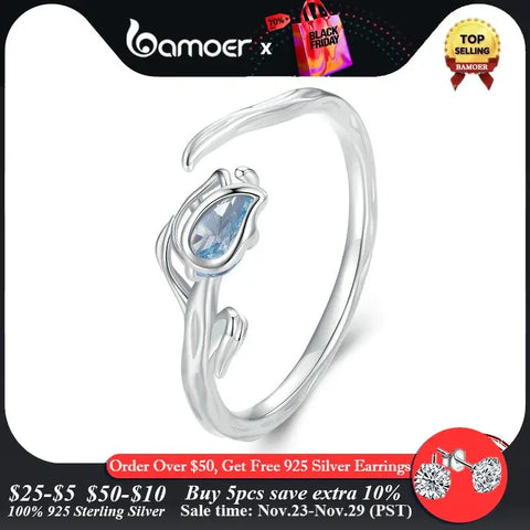 Bamoer 925 Sterling Silver Blue Tulip Opening Ring Flower & Vine Adjustable Ring for Women Romantic Fine Jewelry BSR465