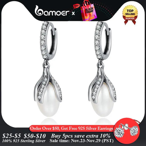 BAMOER Authentic 925 Sterling Silver Blooming Flower Petal Freshwater Pearl Drop Earrings for Women Luxury Silver Jewelry SCE259