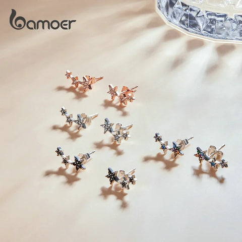 bamoer Rainbow Multiple Crystal Star Stud Earrings 925 Sterling Silver Earrings for Women Engagement Jewelry Five-pointed Star