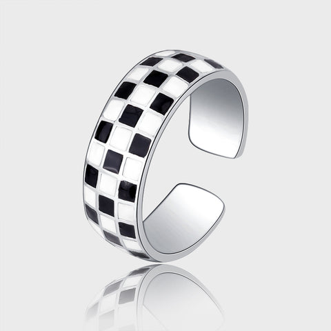 Black And White Checkerboard Design Middle Finger Wide Face Ring