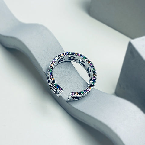 925 Sterling Silver Square Pattern Narrow Edition Hollow Color Diamond Edge Ring