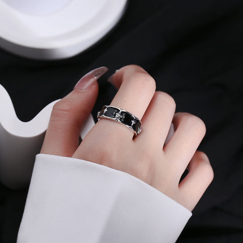 S925 Sterling Silver Iris Crown Women's Luxury Black Glue Finger Ring