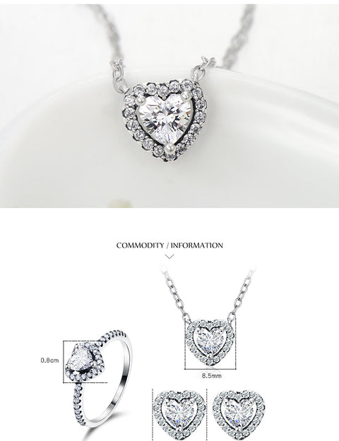 ins style romantic shiny heart shape sterling silver plating inlay zircon rings earrings necklace