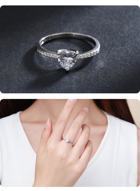 ins style elegant heart shape sterling silver hollow out inlay zircon rhodium plated rings