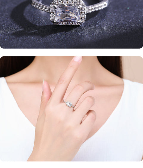 ins style elegant rectangle sterling silver plating inlay zircon rhodium plated rings