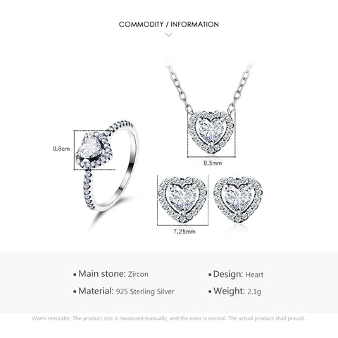 ins style romantic shiny heart shape sterling silver plating inlay zircon rings earrings necklace