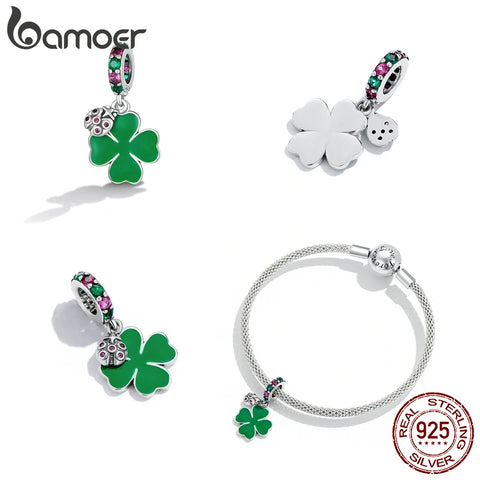 Bamoer 925 Sterling Silver Heart Charm Green Four Leaf Charm Bead Pendant fit Original Bracelet Necklace For Women Fine Jewelry