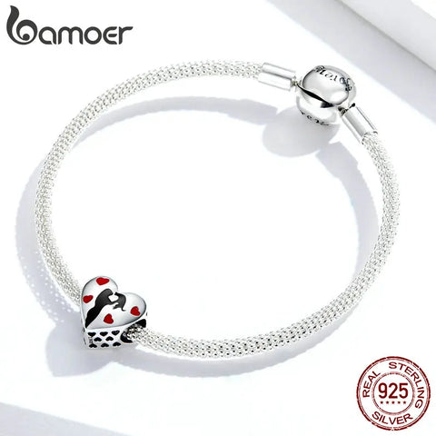 bamoer 925 Sterling Silver Heart Shape Charm for Original Snake 3mm Bracelet Black Enamel and Heart Metal Beads SCC1508