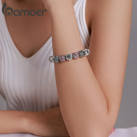 BAMOER Silver Plated Charm Bracelet & Bangle with Love and Flower Beads Women Wedding Jewelry 4 Colors 18CM 20CM 21CM PA1455