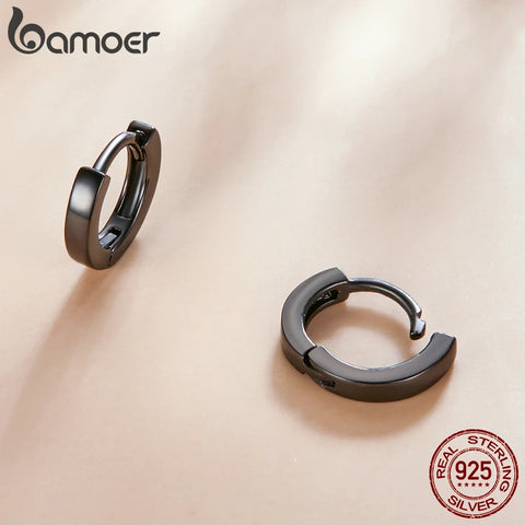 bamoer New 925 Sterling Silver Black Gold Ear Buckles Simplicity Hoop Earrings Korean for Women Men DIY Fashion Jewelry SCE1230