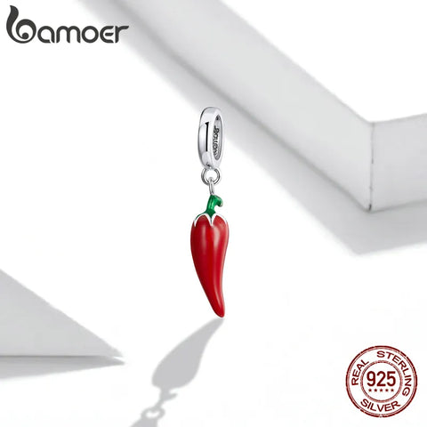 bamoer 925 Sterling Silver Petite Little Pepper Red Plant Charm Pendant for Original Bracelet Bangle Women Child Gift BSC461