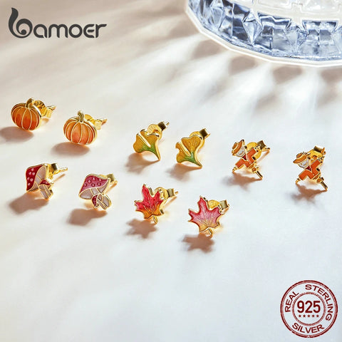 bamoer Autumn 925 Sterling Silver Orange Scarecrow Ginkgo Maple Leaf Stud Earrings Mushroom Pumpkin Earrings for Women Jewelry
