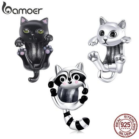 BAMOER Pet Series Genuine 925 Sterling Silver Cartoon Black Cat Charms for Original Silver Bracelet DIY Jewelry Making Beads