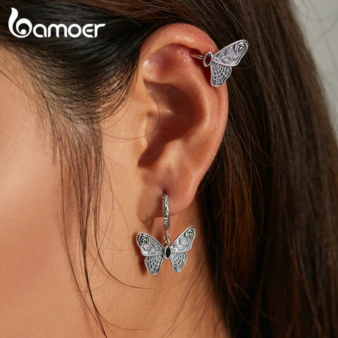 bamoer 925 Sterling Silver Dark Butterfly Ear Buckle Dark Night Rose Vampire Mysterious Cross Drop Earrings for Women Jewelry