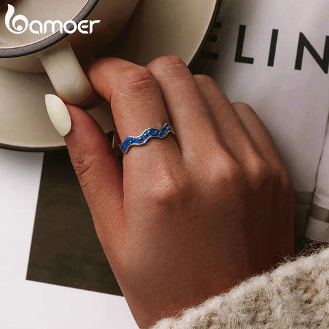 bamoer Sterling Silver 925 Lover Rings for Couple Blue Starry Sky of Van Gogh Open Finger Ring Design Jewelry Accessories SCR608