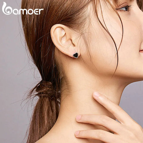 bamoer Genuine 925 Sterling Silver Black Agate Heart Stud Earrings for Women and Men Punk Jewelry 2020 Brincos SCE915