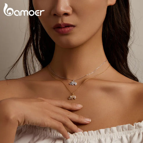 Bamoer Genuine 925 Sterling Silver Exqusite Baby Elephant Pendant Clear CZ Silver Chain Necklace for Women Fine Jewelry Gift