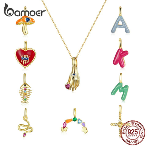 bamoer 925 Sterling Silver Rainbow Crystal Enamel Red Heart Eye Charm Letter Snake Fishbone Charm Pendant for Necklace Women DIY
