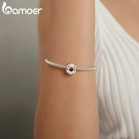 bamoer 925 Sterling Silver Lovely Enamel Animal Panda Bear Kitty Cat Bee Piglet Chinchilla Sloth Owl Donut Bead Charm SCC1875