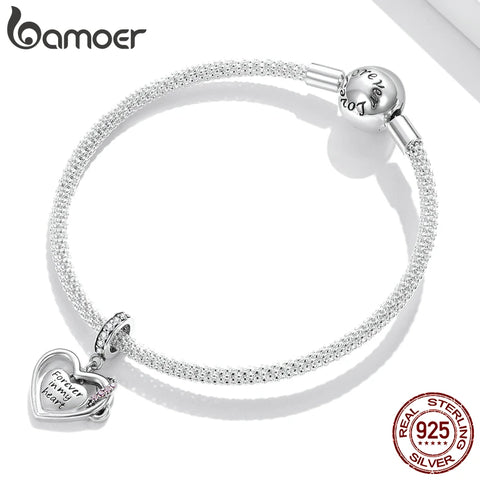 bamoer 925 Sterling Silver Shining Infinite Love Charm Forever Heart Pink Zircon Hollow Bead Pendant for Bracelet