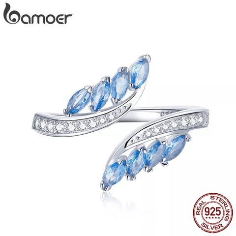BAMOER 925 Sterling Silver Willow Shape Light Blue CZ Finger Rings for Women Statement Adjustable Ring Elegant Jewelry BSR005