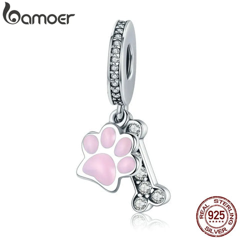 BAMOER Fashion New 925 Sterling Silver Animal Dog Footprint & Dog Bone Pendant Charm fit Women Bracelet DIY Jewelry SCC452
