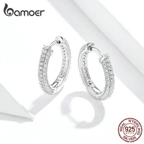 Bamoer 925 Sterling Silver Ear Hoops Luxury Ear Buckles Pave Setting Zircon for Women Wedding Engagement Jewelry Gifts BSE300