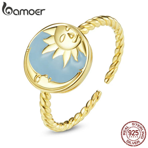 bamoer Myth Gold 925 Sterling Silver Open Ring Splendid Sun Moon Ring Unique Hexagram Six-pointed Star Ring Adjustable Anillo