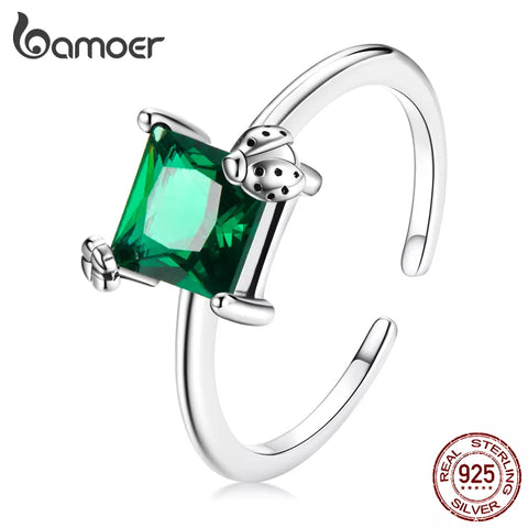 bamoer 925 Sterling Silver Green Square Gemstone Open Ring Demon Eye Crystal Moonstone Fox Ring for Women Geometric Turquoise