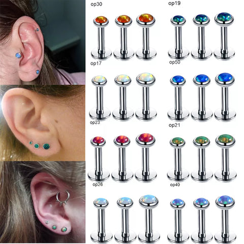 3Pcs/set Stainless Steel Internally Thread Opal Stone Labret Stud Lip Ring Ear Stud Helix Tragus Earring Body Piercing Jewelry