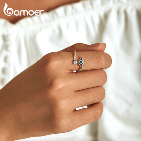 Bamoer 925 Sterling Silver Shining Blue Zircon Demon Eye Opening Ring Lucky Eye Adjustable Ring for Women Fine Jewelry BSR215