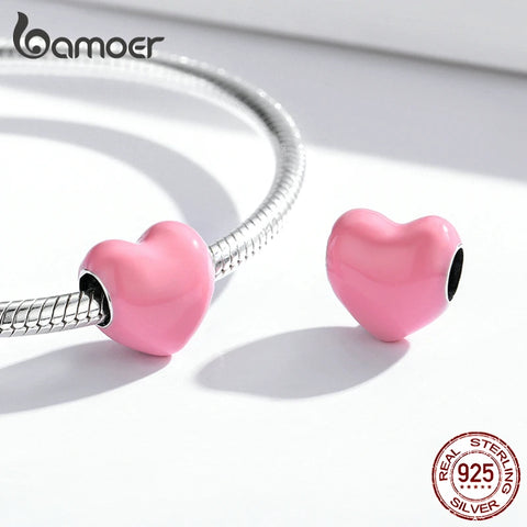 bamoer 925 Sterling Silver Enamel Red Heart Charm Monochrome Blue Pink Bead for Original Bracelet Bangle Women Fine DIY Jewelry