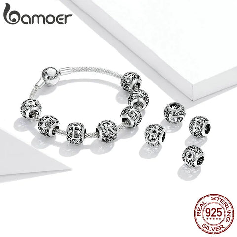 bamoer 925 Sterling Silver Letter Retro Charms Openwork Alphabet Round Beads fit for Charm Bracelet scc1444