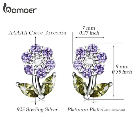 BAMOER 925 Sterling Silver Shining GemStone Delicate Flower Stud Earrings for Women Platinum Plated Fine Jewelry Engagement Gift