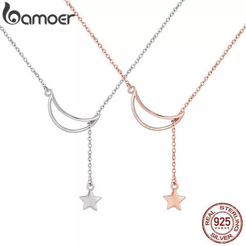 Bamoer 925 Sterling Silver Minimalist Moon and Star Pendant Necklace for Women Engagement Birthday Gift Fine Jewelry SCN108