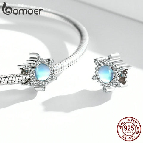 bamoer 925 Sterling Silver Moonstone Snowflake Bead Charm Snowflake Love Pendant for Original Bracelet Bangle Women Fine Jewelry