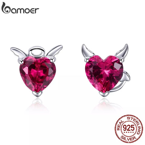 BAMOER Fashion 925 Sterling Silver Angel And Devil Pink CZ Heart Stud Earrings for Women Sterling Silver Jewelry SCE414