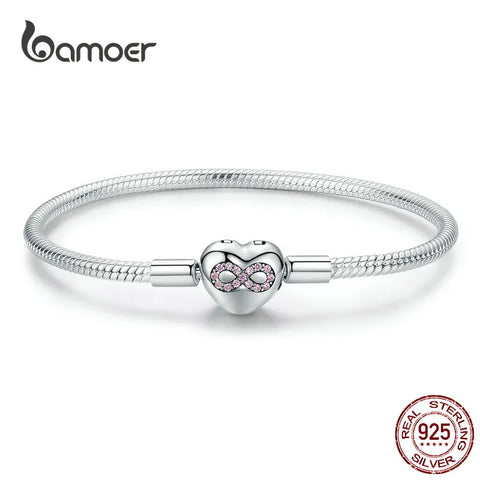 BAMOER Infinity Heart Bracelet Sterling Silver 925 Heart-shape Love Snake Bangle Bracelets 3mm for DIY Fine Jewelry SCB142